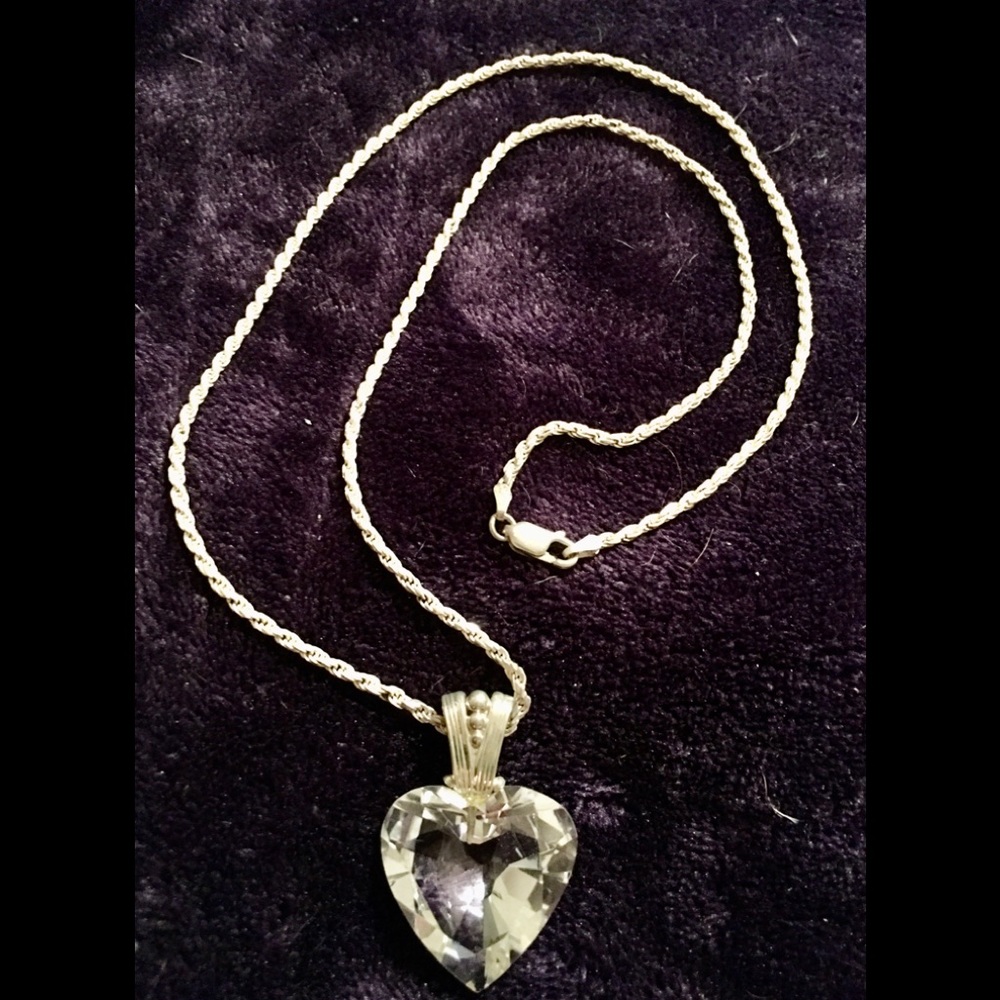 Vintage Sterling Silver Crystal Heart Necklace 20”